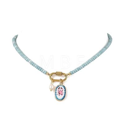 304 Stainless Steel Pendant Dyed Glass Rondelle Beaded Necklaces for Women NJEW-JN06540-03-1