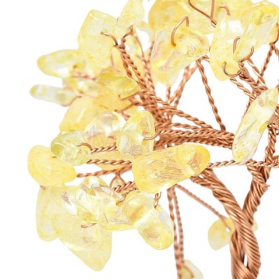Natural Yellow Quartz Chips Tree of Life Decorations with Cat Display Decorations DJEW-K025-03D-1