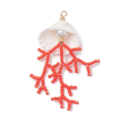 Glass Seed Beaded & Clam Shell Big Pendants PALLOY-MZ01152-01-1