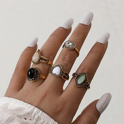 5Pcs 5 Style Opal & Natural Obsidian & Glass Finger Rings Set AJEW-PW0005-05AG-1