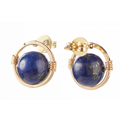 Natural Lapis Lazuli Round Beads Stud Earrings for Girl Women EJEW-JE04666-01-1