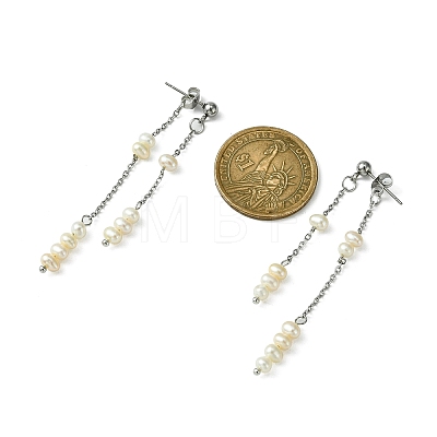 Natural Pearl Beaded Tassel Dangle Stud Earrings EJEW-JE05514-02-1