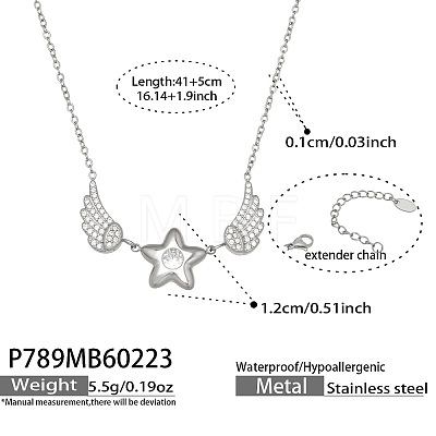304 Stainless Steel Pave Clear Cubic Zirconia Star with Angel Wings Pendant Necklaces for Women WGBF81E-02-1