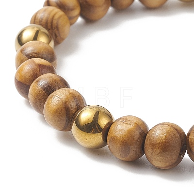 Natural Wood & Synthetic Hematite Round Beaded Stretch Bracelet for Women BJEW-JB09148-1