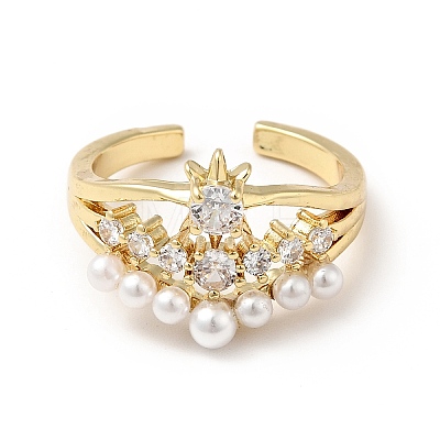 Clear Cubic Zirconia Crown Open Cuff Ring with Acrylic Pearl KK-E060-20G-1