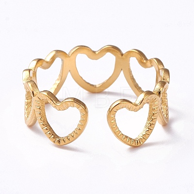 Ion Plating(IP) 304 Stainless Steel Hollow Out Heart Wrap Open Cuff Ring for Women RJEW-C046-10G-1