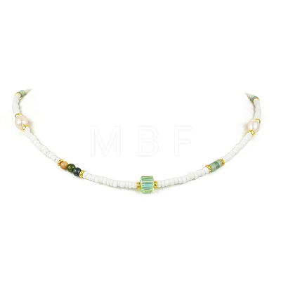Natural Green Aventurine Heishi Beads & Rice Natural Pearl & Glass Seed Beaded Necklaces NJEW-JN06249-01-1