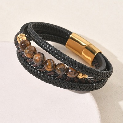 Braided Microfiber Leather Cord & Natural Tiger Eye Multi-strand Bracelets BJEW-C153-01H-1