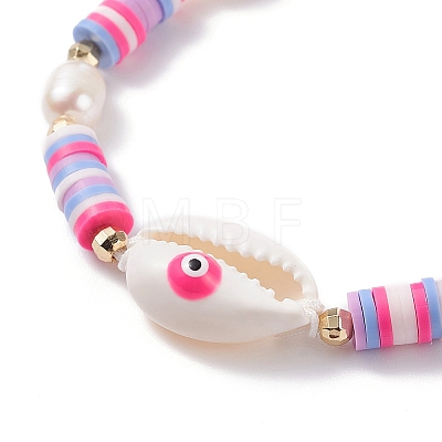 Natual Shell with Evil Eye & Pearl Braided Bead Bracelet BJEW-TA00049-03-1