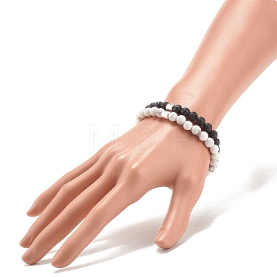 2Pcs Natural Lava Rock & Howlite Round Beaded Stretch Bracelets Set with Synthetic Hematite Column BJEW-JB08060-01-1