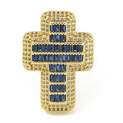 Cross Brass with Cubic Zirconia Open Cuff Rings RJEW-U011-09G-03-1