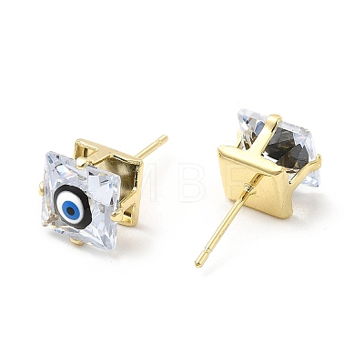 Square Glass with Enamel Evil Eye Stud Earrings EJEW-P210-03G-05-1