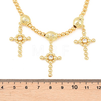 Brass Micro Pave Clear Cubic Zirconia Cross Pendant Round Beaded Bib Necklaces for Women NJEW-F364-04G-1