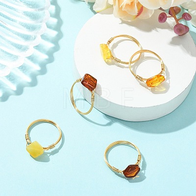 Copper Wired Natural Amber Finger Rings for Women RJEW-JR01053-1