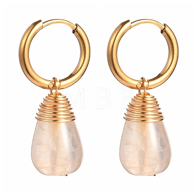 Teardrop Natural Crackle Agate Beads Huggie Hoop Earrings EJEW-JE04603-1