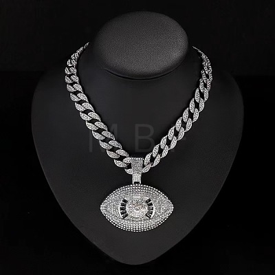 Zinc Alloy Full Crystal Rhinestone with Enamel Black Evil Eye Pendant Cuban Link Chain Necklaces for Men FS-WG3C954-02-1