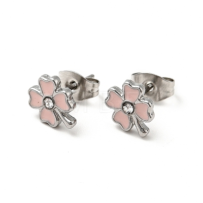 Enamel Clover with Crystal Rhinestone Stud Earrings with 316 Surgical Stainless Steel Pins EJEW-A081-12P-01-1