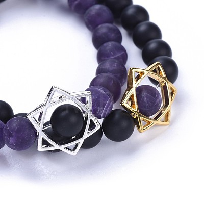 Natural Black Agate(Dyed) Bead and Natural Amethyst Bead Stretch Bracelet Sets BJEW-JB04298-05-1