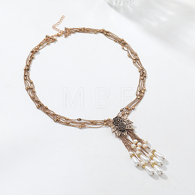 Alloy Rose Flower Multi-Strand Necklaces with Imitation Pearl Teardrop Tassel for Women WG55FA1-01-1