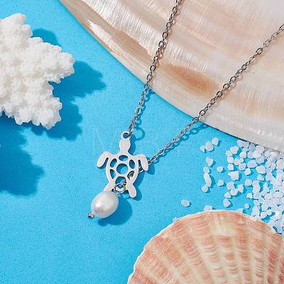 Natural Pearl & Hollow Turtle Lariat Necklaces NJEW-JN04528-02-1