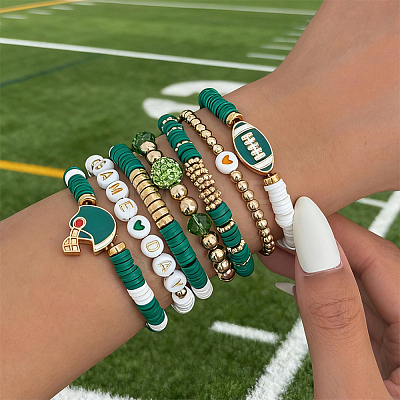 8Pcs 1Bag Rugby Polymer Clay Heishi & CCB Plastic Beaded Stretch Bracelets Set BJEW-PA0001-12D-1