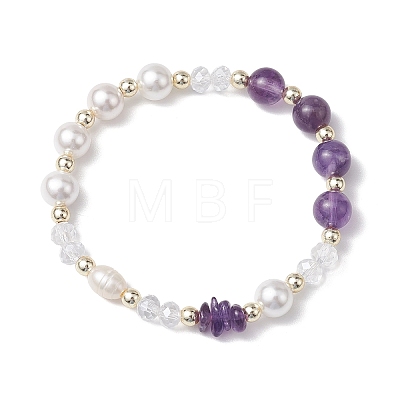 Round Gemstone & Shell Pearl Beaded Stretch Bracelets for Women BJEW-JB10666-1