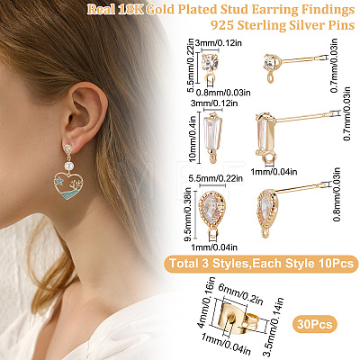 30Pcs 3 Style Brass Micro Pave Clear Cubic Zirconia Stud Earring Findings KK-BBC0003-28-1