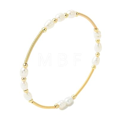 Rice Natural Cultured Freshwater Pearl & Brass Beaded Copper French Wired Bangles BJEW-JB13981-1