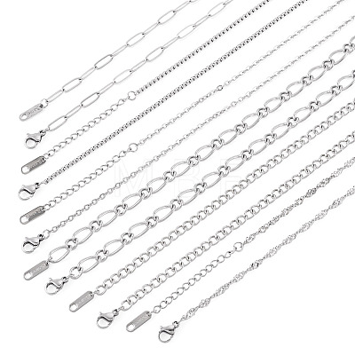6Pcs 6 Styles 304 Stainless Steel Figaro Chain & Curb Chain & Box Chain & Water Wave Chain & Cable Chain Necklaces Sets for Women NJEW-TADJ0003-1