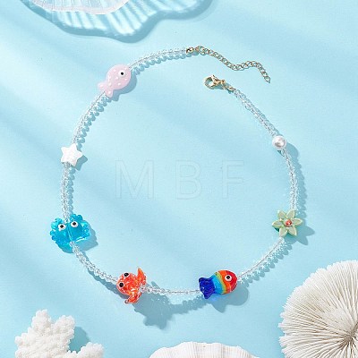 Summer Beach Handmade Lampwork Fish Octopus & Porcelain Flower & Star Natural Shell & Electroplate Glass Beaded Necklaces NJEW-TA00248-1