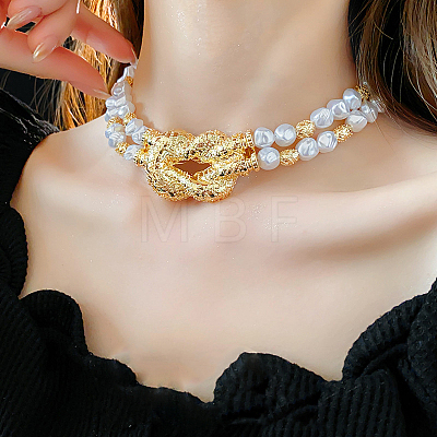 Brass Knot Plastic Imitation Keshi Pearl Nuggets Beaded 2-Strand Choker Necklaces for Women FS-WG8CEF6-01-1