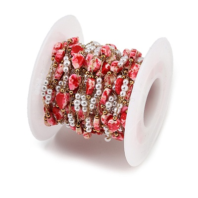 Handmade Stainless Steel & Natural Shell & ABS Plastic Pearl Beaded Link Chains SA-CBA6C37-02G-02-1