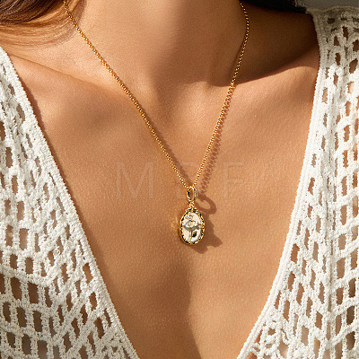 Vintage Brass Pave Clear Cubic Zirconia Enamel Oval with Flower Pendant Necklaces for Women WGF0AA9-01-1