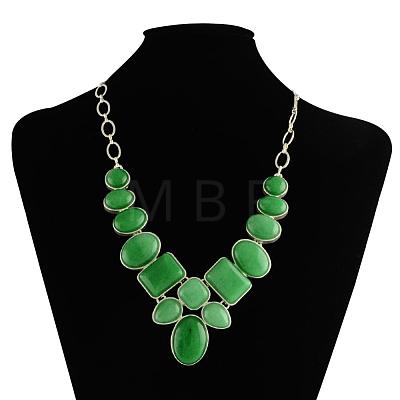 Natural Malaysia Jade Gemstone Bib Statement Necklaces with Alloy Cabochon Settings and Silver Color Plated Brass Chains NJEW-R224-02E-B-1