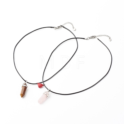 Natural Tiger Eye & Rose Quartz Double Terminated Pointed Pendants Necklaces Set for Couples Best Friends NJEW-JN03676-1