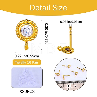 8 Pair 2 Color Flat Round Brass Micro Pave Cubic Zirconia Stud Earring Findings ZIRC-SZ0005-03-1