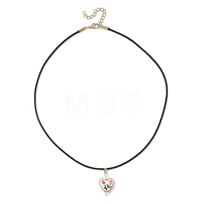 Printed Porcelain Heart Penant Black Waxed Cord Necklace for Women NJEW-JN06482-1