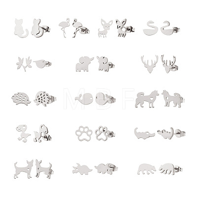 16 Pairs 16 Style Crocodiles & Dog & Swan & Hedgehog & Dinosaur & Bird 304 Stainless Steel Stud Earrings EJEW-CF0001-02P-1