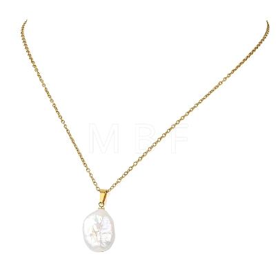Natural Baroque Keshi Pearl Oval Pendant 304 Stainless Steel Cable Chain Necklaces NJEW-JN06135-1