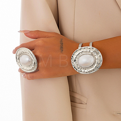 Oval Iron & Imitation Pearl Bangles & Cuff Rings Sets for Women WGBFE6E-02-1