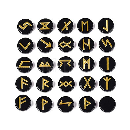 Brass Elder Futhark Alphabet Engraved Symbol Flat Round Natural Obsidian Rune Stones G-I373-01H-1