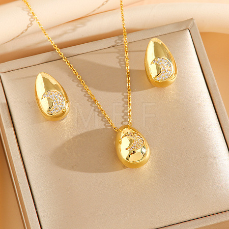 304 Stainless Steel Cubic Zirconia Stud Earrings & Pendant Necklaces Sets FS-WG34C3D-08-1