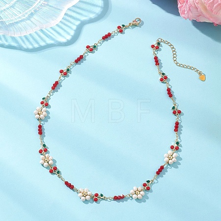 Natural Cultured Freshwater Pearl Beaded Flower and Brass Enamel Cherry Link Chain Necklaces NJEW-JN06292-1