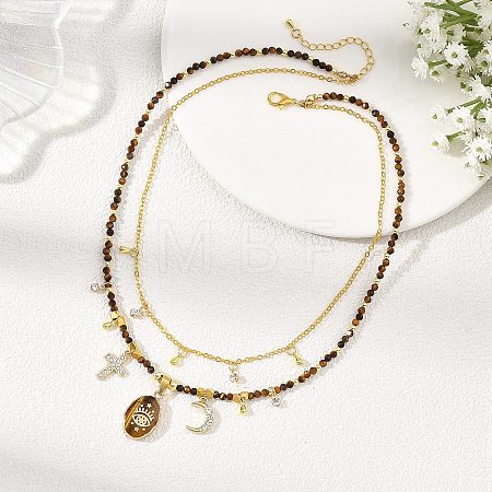 Natural Tiger Eye Oval Pendant Brass Cable Chain Double Layer Necklaces for Women NJEW-JN06196-1