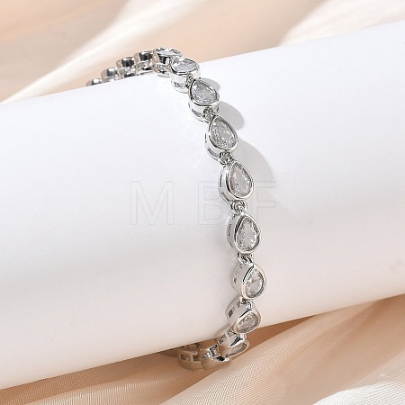 Teardrop Brass Micro Pave Clear Cubic Zirconia Link Chain Bracelets for Women BJEW-C156-07A-P-1