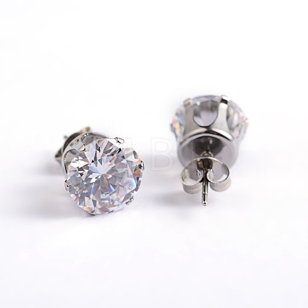Flat Round 304 Stainless Steel Cubic Zirconia Stud Earrings EJEW-H306-38-3mm-1