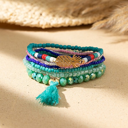 Bohemian Vacation Style Glass Beaded Charms Bracelets Set for Women VJ2934-3-1