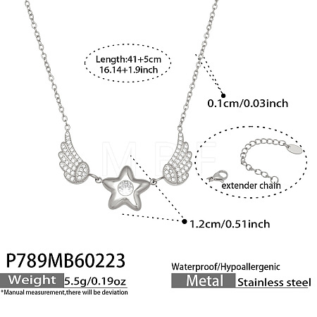 304 Stainless Steel Pave Clear Cubic Zirconia Star with Angel Wings Pendant Necklaces for Women WGBF81E-02-1
