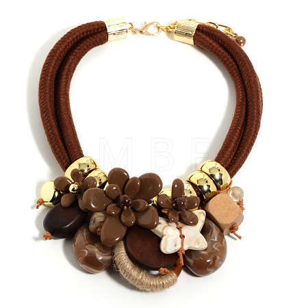 Flower Butterfly Ring Acrylic & Wood Pendant 2-Strand Cotton Cord Bib Necklaces for Women FS-WG99BBE-03-1