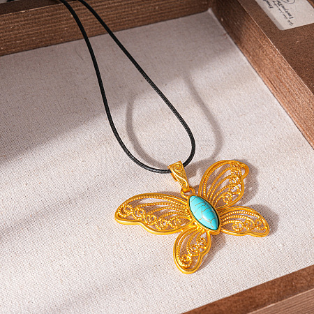 Alloy with Synthetic Turquoise Hollow Butterfly Pendant Black Waxed Cord Long Necklaces for Women FS-WG6109F-01-1